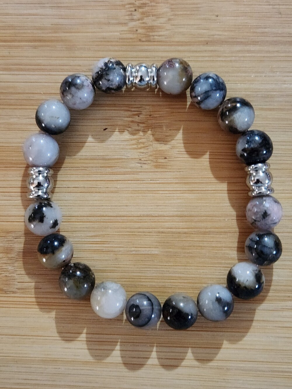 Hand Crafted Picasso Jasper Stretch Bracelet with Stainless Steel Accent Beads